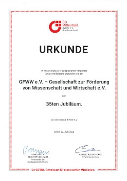 Urkunde zum Jubil&auml;um 35 Jahre GFWW e. V.