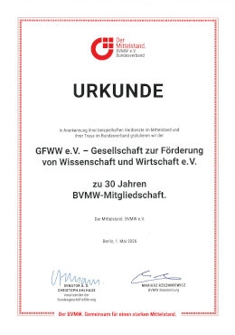 Urkunde zur 30-j&auml;hrigen Mitgliedschaft des GFWW e. V. im BVMW e. V.